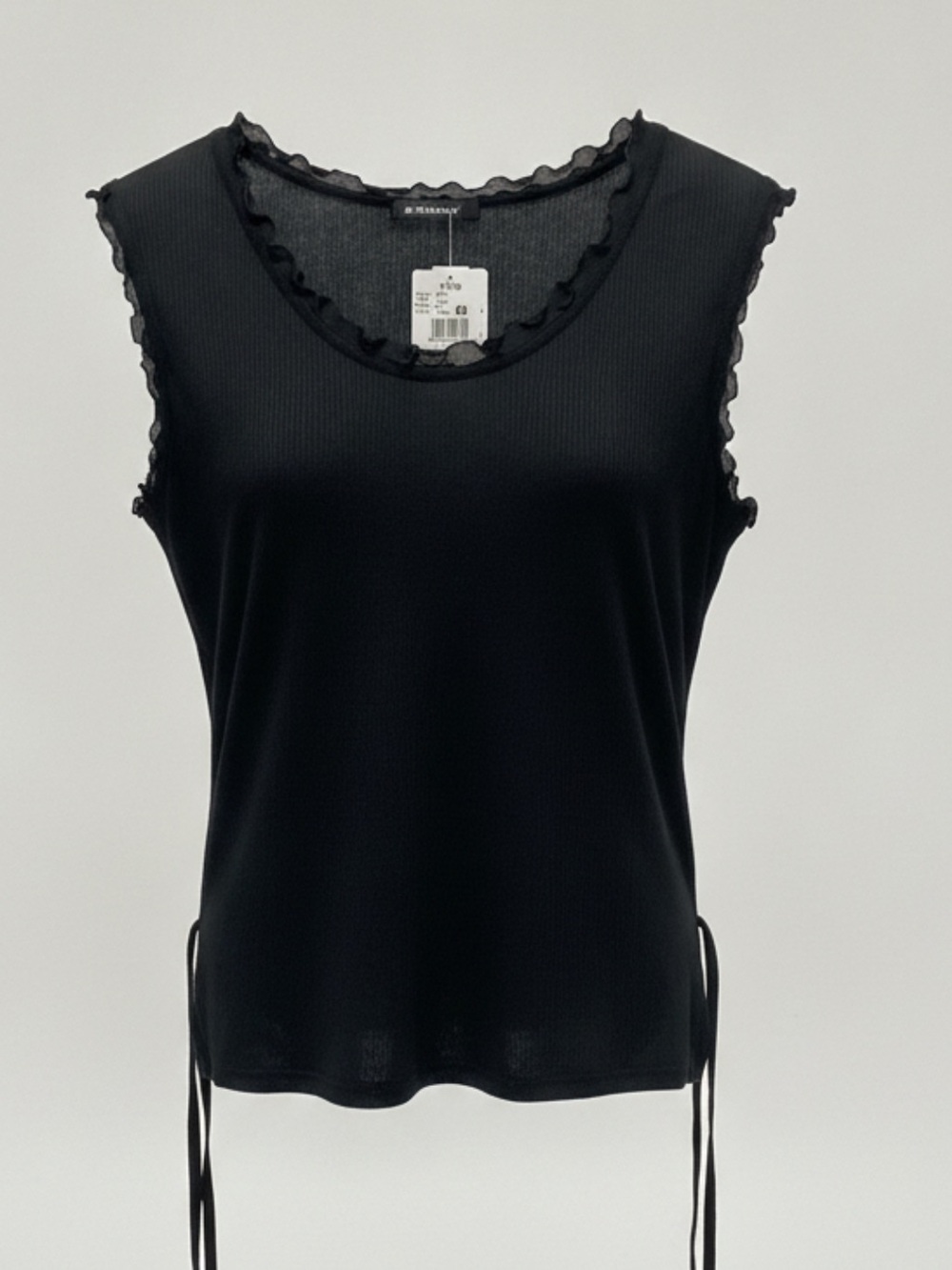Escada Black Ribbed Sleeveless Top with Lettuce-Edge Neckline